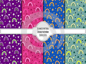 A set of seamless doodle rainbow pattern. Modern groovy hippie abstract arch floral confetti hearts and stars vibrant