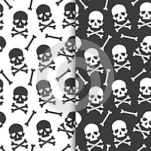 Set of seamless, endless patterns black skulls on a white background and white skulls on black background