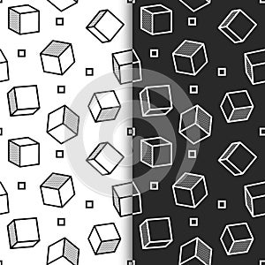 Set of Seamless, endless patterns with graphic cube elements in pop art style. Seamless patterns in black and white background,