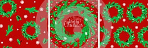 Set of seamless festive patterns and the inscription Merry Christmas