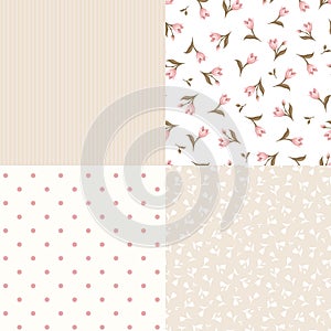 Set of seamless floral and geometric pink and beige patterns. Vector illustration.