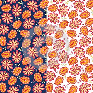 set of seamless floral patterns on dark and light background in doodle style. Cute spring yellow flowers