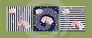 Set of seamless floral patterns with gently pink peonies on a dark blue background with white stripes