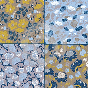 Set of seamless floral patterns. Textures with meadow flora for surfaces, paper, wrappers, backgrounds, scrapbooking.