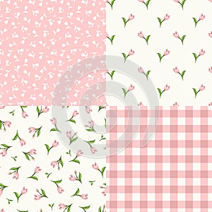 Set of seamless floral pink and white patterns. Vector illustration.