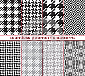 Set of seamless geometric black and white patterns, houndstooth, diamond, checkerboard.