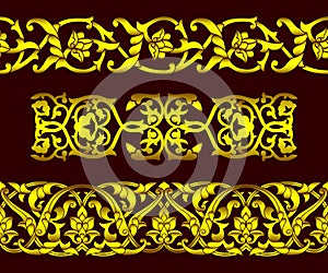 Set of seamless golden patterns and floral elements in ethnic national style of Uzbekistan, Central Asia, vector illustration.