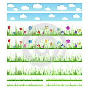 Set of seamless grass with flowers and without