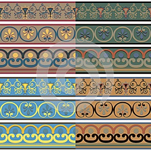 Set of seamless Greek patterns of different colors.