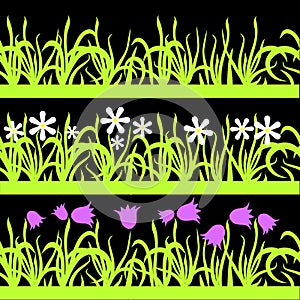 Set of seamless green grass, pink and white flowers pattern on black background, design element