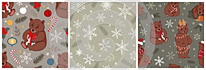 Set of Seamless green patterns with cute brown bears and Christmas elements. Winter vector illustrations for fabric