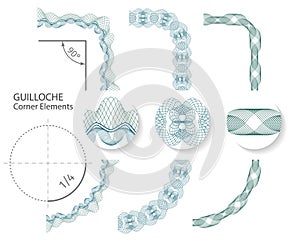 Set: Seamless Guilloche Corner Border Elements for certificate or diploma, . Vector illustration