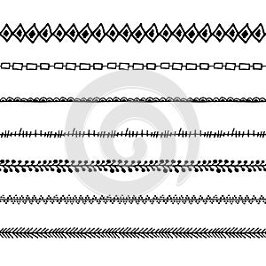 Set of seamless hand drawn borders, black vector doodle brushes