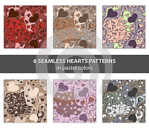 Set of seamless hand drawn hearts patterns in pastel colors