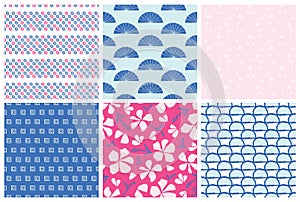 Set of seamless hand drawn patterns. Vector traditional Japanese surface design. Florals and abstract illustrations.