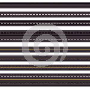 Set of seamless horizontal highways. Top view of straight asphalt roads isolated on white background. Road seamless vector patter photo