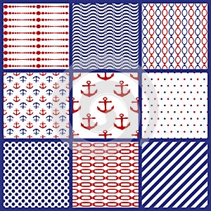 Set of seamless marine motifs background. Chains, anchor, polka dots, spripes, lines, waves. Collection of nautical style patterns