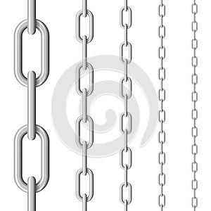 Set of seamless metal chains colored silver isolated on white background. Metal chain seamless pattern.