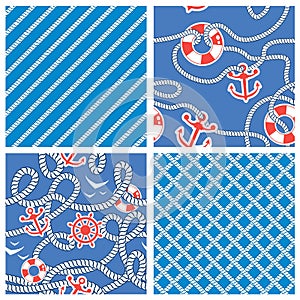 Set of Seamless nautical patterns on blue background