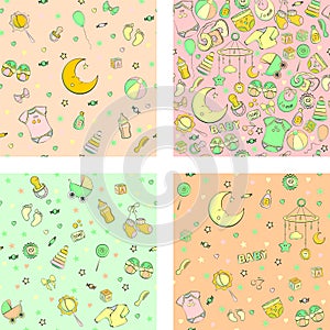 Set of seamless pattern with baby care items