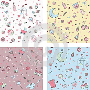Set of seamless pattern with baby care items