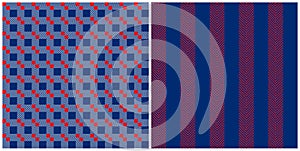 Set of seamless pattern background in navy blue and red colors. Vector marine nautical geometric simple repeated backgrounds.