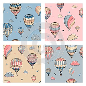 Set of  seamless pattern with balloons in pastel colors. Many differently colored striped air balloons flying in the clouded