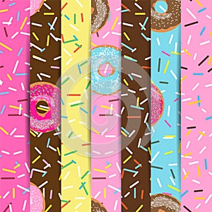 Set of seamless pattern bright tasty vector donuts and sprinkles background in cartoon style for menu in cafe and shop.