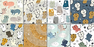 Set of seamless pattern with cute cats. childish vector illustration for textile,fabric