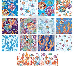 Set of Seamless Pattern with Decorative fishes