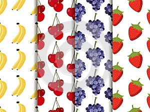 Set of seamless pattern with fruit. Pattern of bananas, cherries, strawberries and grapes.