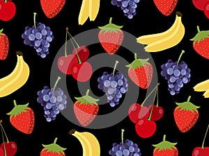 Set of seamless pattern with fruit. Pattern of bananas, cherries, strawberries and grapes.