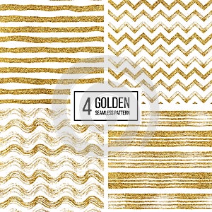 Set of seamless pattern gold glitter stripes, zigzag chevron, wavy stripe