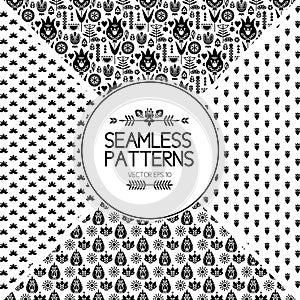 Set of seamless pattern graphic elements. texture of the Scandinavian style. Birds and flowers. Black and white folklore