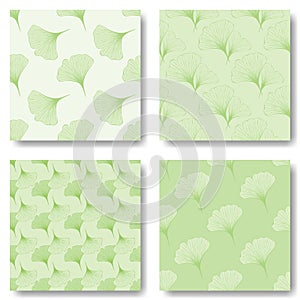 Set of seamless pattern with green Ginkgo leaves.