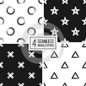 Set of seamless pattern grunge polka dots, triangle, star, cross