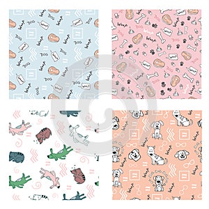 Set of seamless pattern with hand doodle funny dogs, bones, dog paw prints. Vector illustration as fabric, textile