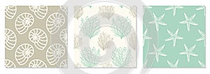 Set of seamless patterns with hand drawn seashells, neutral colors marine theme in minimal scandinavian style