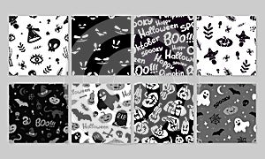 Set of Seamless Pattern Happy Halloween, Mystical Elements on Black and White Background. Colorful Collection Cartoon illustration