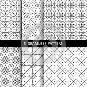 Set of 6 seamless pattern.Linear pattern,square pattern,floral pattern,geometric pattern,monochrome pattern.Black,white textile