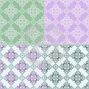 Set of seamless pattern with squares from green, white, violet, purple outlines on light green, green and violet background. Ornam