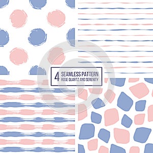 Set of seamless pattern stripes, polka dots, mosaic spots in color 2016 rose quartz and serenity