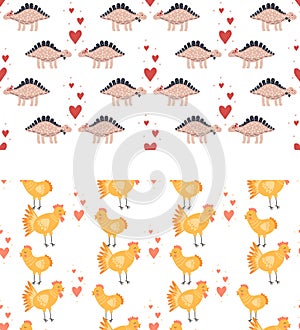 Set seamless pattern. Vector illustration. Nursery cute print with chickens and hearts and with dinosaurs. Happy Valentine`s day.