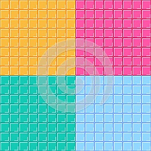 Set seamless pattern volumetric square tile or mosaic in vector. Geometric abstract background. Blue, pink, green and orange