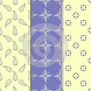 Set seamless pattern of yellow-beige ornament on a pastel blue and light yellow background