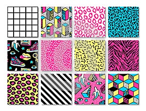 Set of seamless patterns in 80s-90s memphis style.