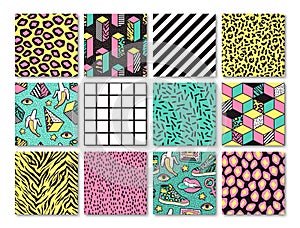 Set of seamless patterns in 80s-90s memphis style.