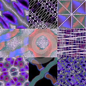 Set of seamless patterns, abstract backgrounds, group 2 item 3. Like in fog, red, blue and violet, shining.