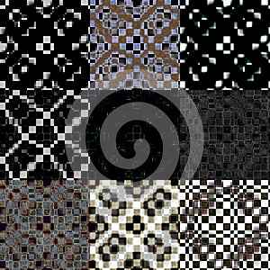 Set of seamless patterns, abstract backgrounds, group 3 item 3. Squares, reminds of chess board and a bird. Part 1.