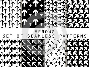 Set of seamless patterns with arrows. Black and white color. For wallpaper, bed linen, tiles, fabrics, backgrounds.